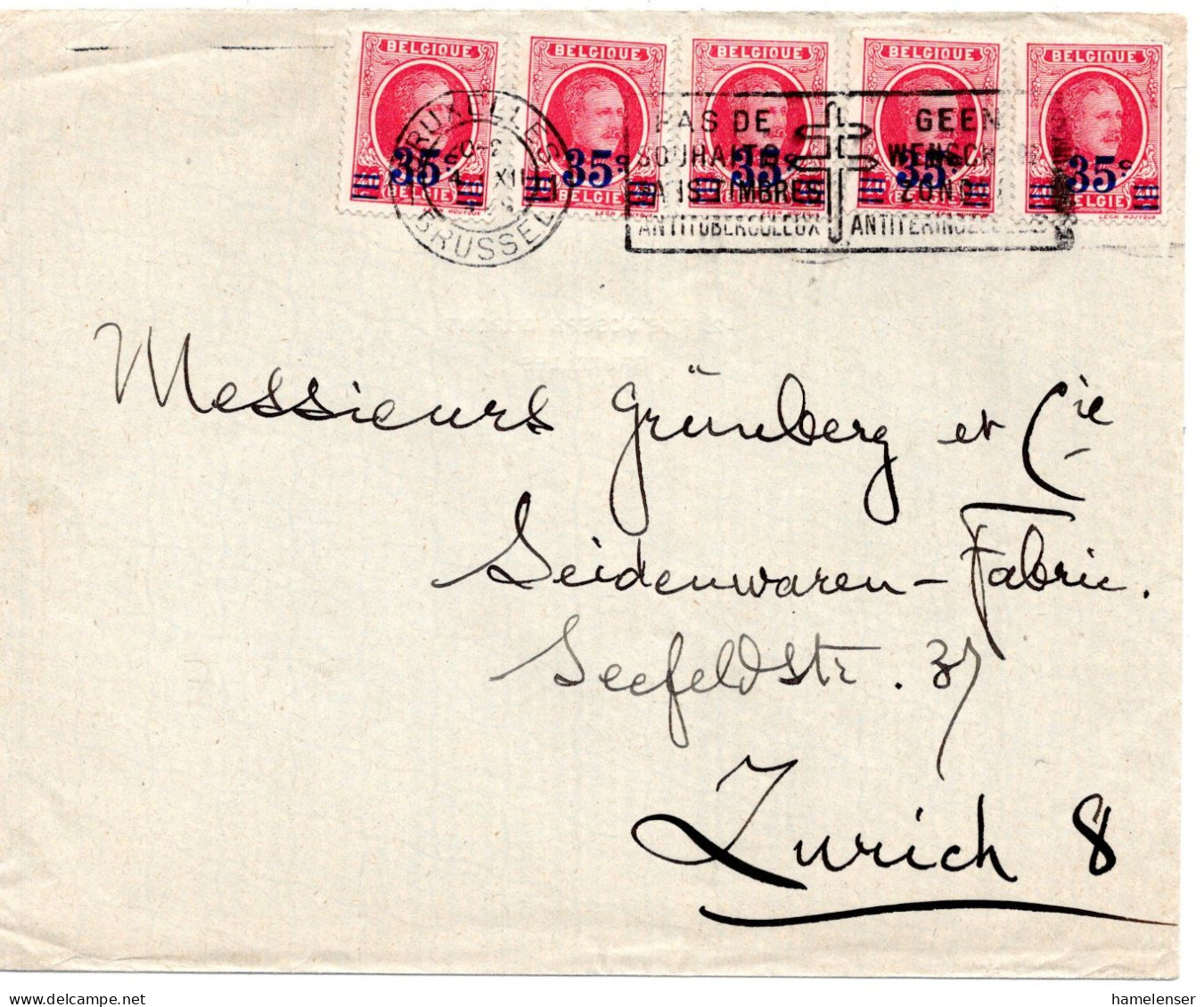 68200 - Belgien - 1928 - 5@35c/40c A Bf BRUXELLES - ... -> Schweiz - Briefe U. Dokumente