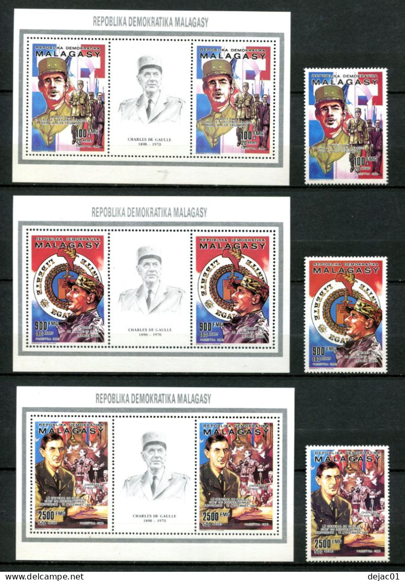 Thème Général De Gaulle - Madagascar Yvert 987 à 989 - Timbre + BF Paires Avec Vignette - Neuf Xxx - L 572 - De Gaulle (Général)