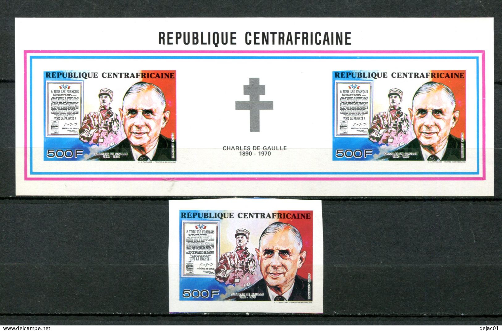 Thème Général De Gaulle - Centrafrique Yvert 402 - Timbre + BF Paire Avec Vignette - Neuf Xxx Non Dentelé  - L 575 - De Gaulle (Général)