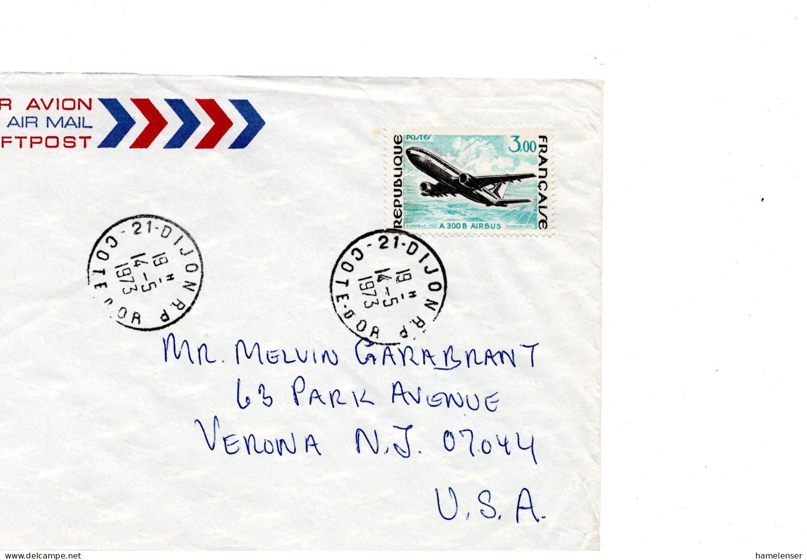 68204 - Frankreich - 1973 - 3,00F Airbus EF A LpBf DIJON -> Verona, NJ (USA) - Lettres & Documents