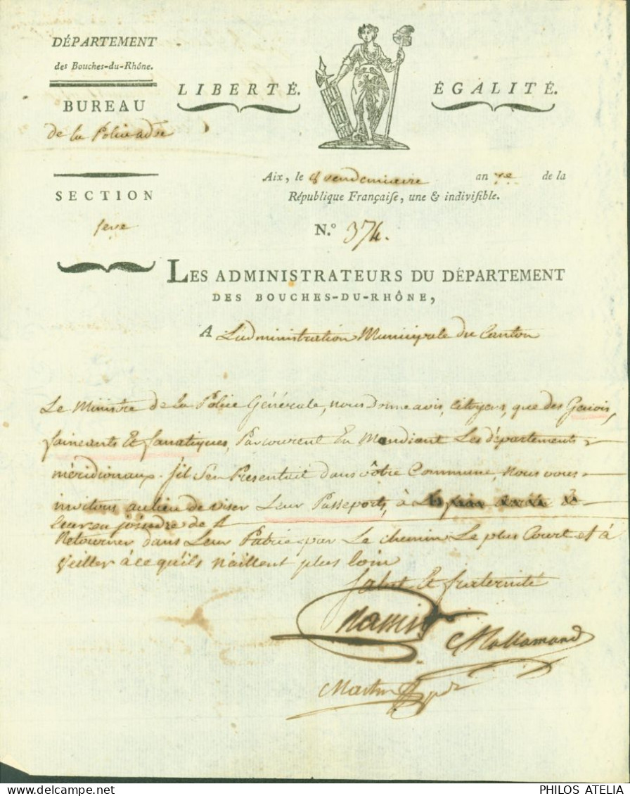 Révolution Lettre Signature Administrateurs Département Des Bouches Du Rhône Aix 1798 Citoyens Génois Fainéants - Politico E Militare