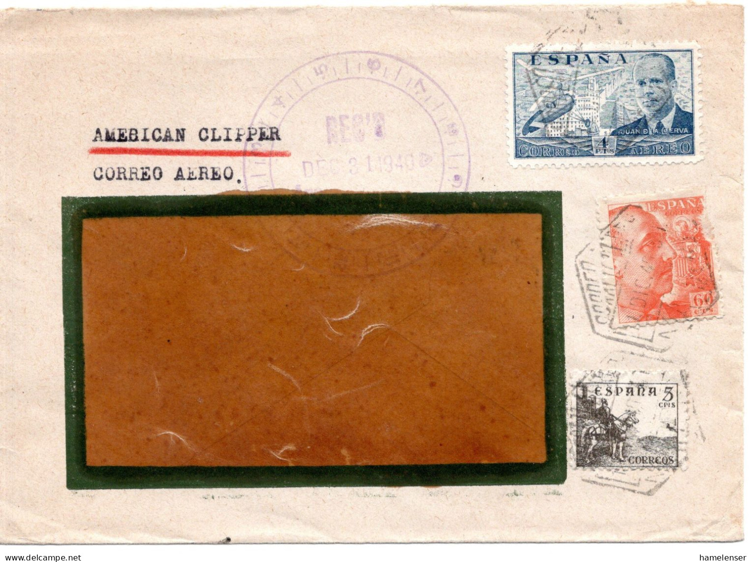 68205 - Spanien - 1940 - 4Ptas Luftpost MiF A LpBf MADRID -> USA, M Span Zensur - Lettres & Documents