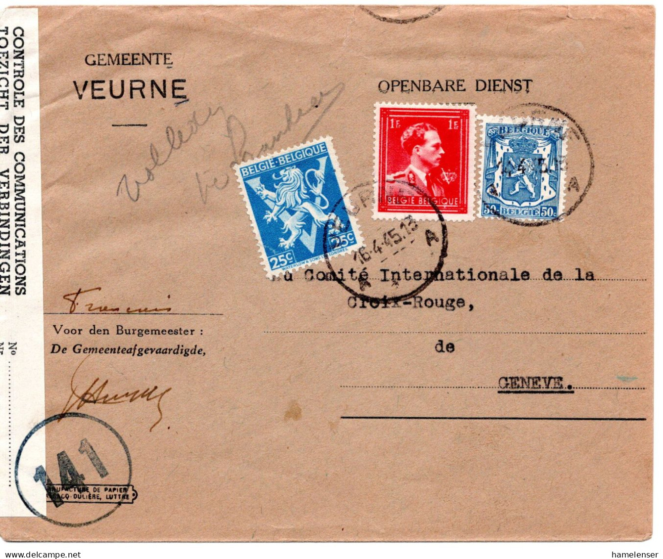 68208 - Belgien - 1945 - 1F V MiF A Bf VEURNE -> Schweiz, M Belg Zensur - Cartas & Documentos