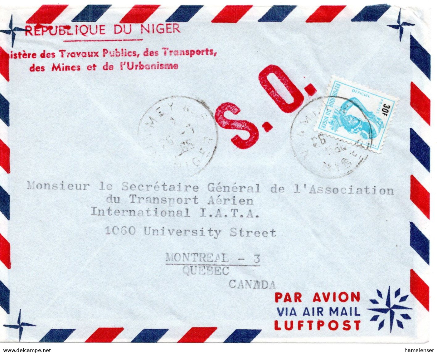 68215 - Niger / Dienst - 1965 - 30F Dienstmarke EF A LpBf NIAMEY -> Canada - Niger (1960-...)