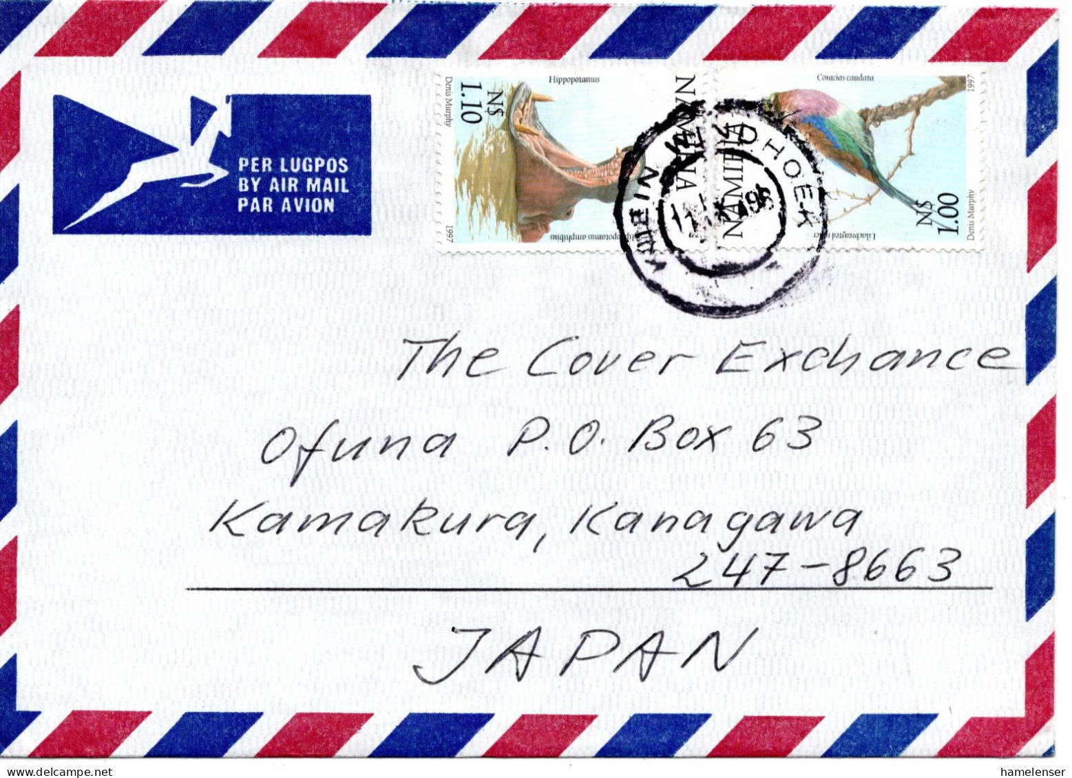 68216 - Namibia - 1998 - $1,10 Hippopotamus MiF A LpBf WINDHOEK -> Japan - Namibie (1990- ...)