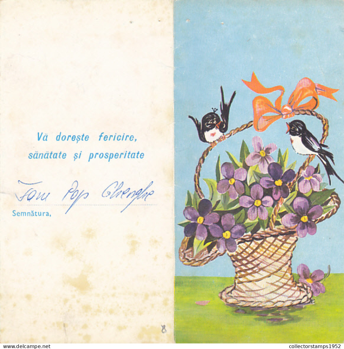 SWALLOWS, VIOLETS FLOWERS, BASKET, LUXURY TELEGRAMME, TELEGRAPH, 1980, ROMANIA - Telegraphenmarken