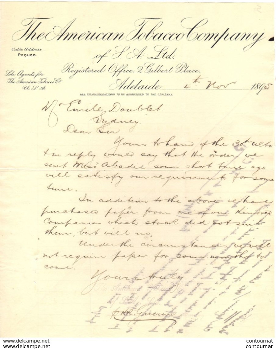 ADELAIDE Australie COURRIER 1895  THE AMERICAN TOBACCO Company  + Proclamation  Notice To Cigarette Smokers  * Z73 - Australie