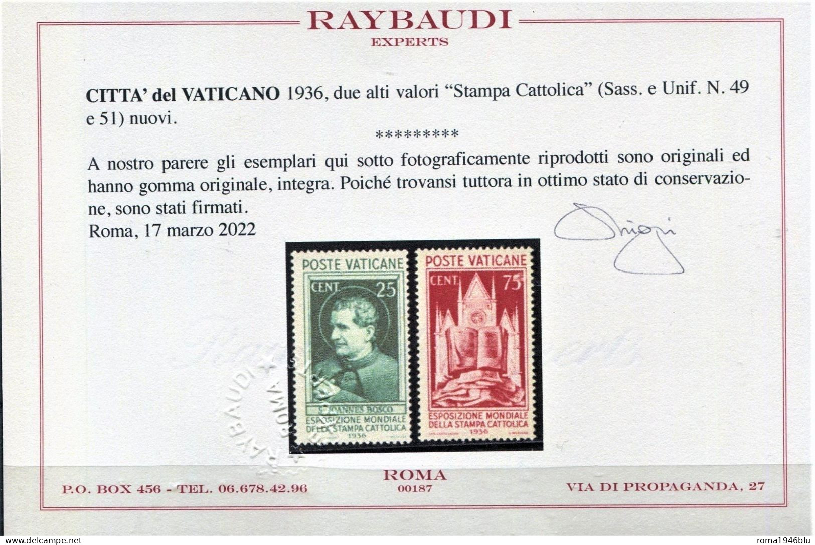 VATICANO 1936 STAMPA CATTOLICA SERIE CPL. ** MNH LUSSO CERT. RAYBAUDI - Unused Stamps