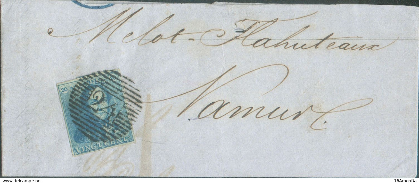 N°2 - Epaulette 20 Centimes Bleue, TB Margée Obl. P.24 Sur Partie De Lettre De BRUXELLES Le 19 Janveir 1850 Vers Namur. - 1849 Hombreras