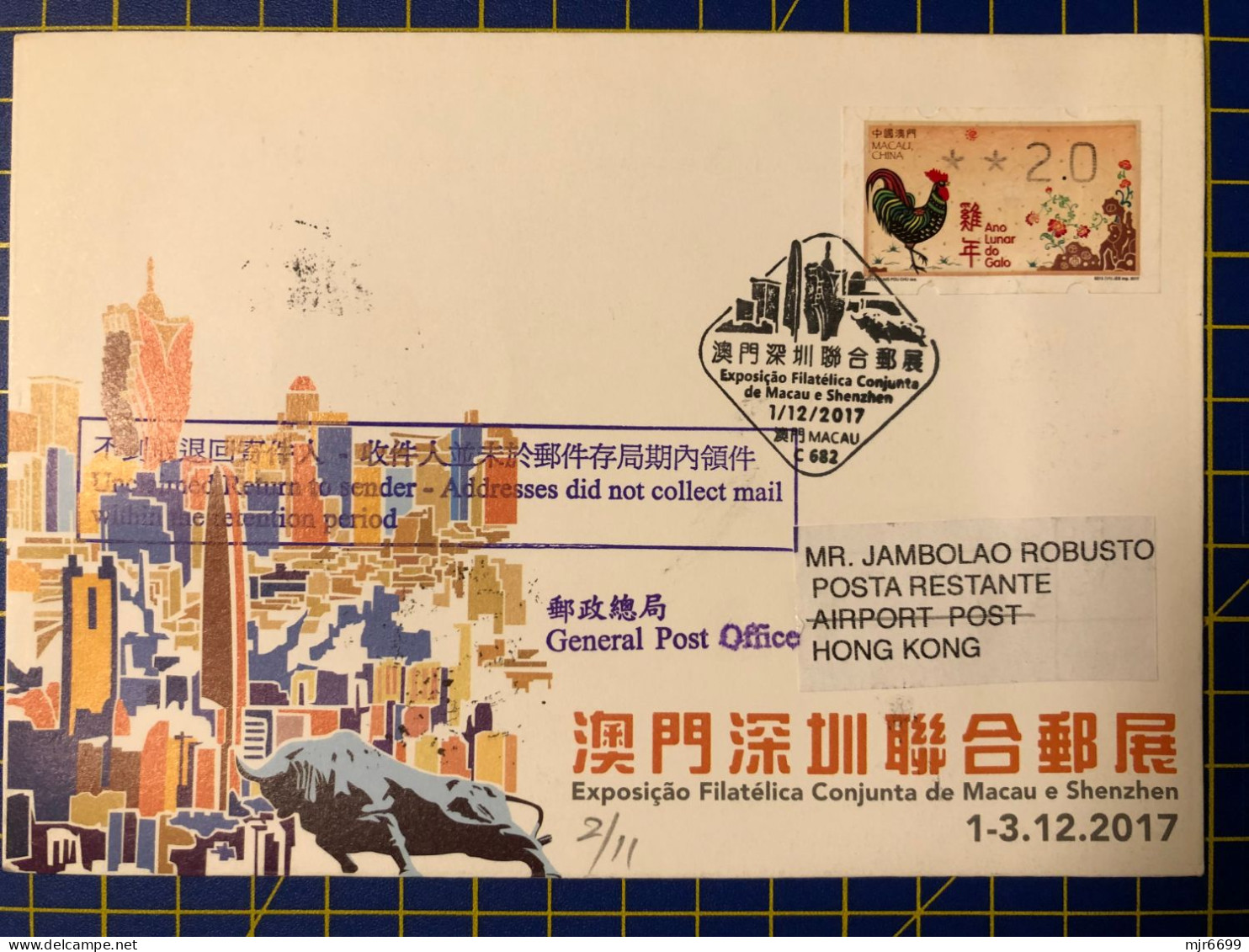 ATM LABEL-YEAR OF THE COCK\ROOSTER- EXPO COVER OF THE MACAU PHILATELIC CLUB - Distributeurs