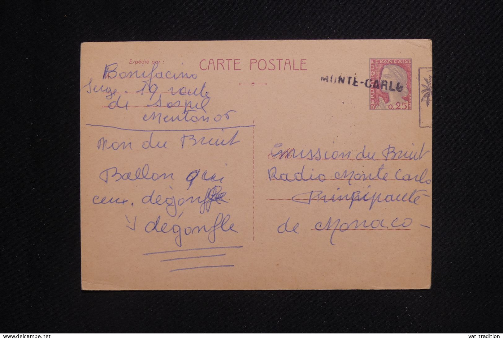 MONACO - Griffe Linéaire De Monte Carlo Sur Entier Postal Marianne De Decaris De Menton  - L 145101 - Lettres & Documents