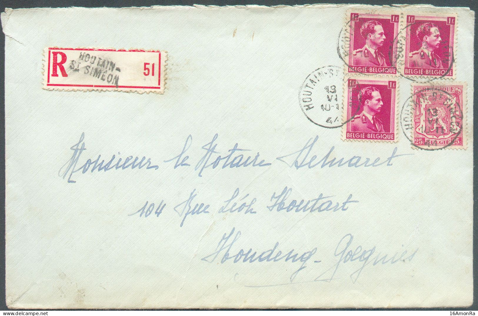 N°423-428(3) Obl. Sc HOUTAIN-St-SIMEON Sur Lettre Recommandée Du 19-VI-1944 Vers Houdeng-Goegnies -  21386 - Covers & Documents