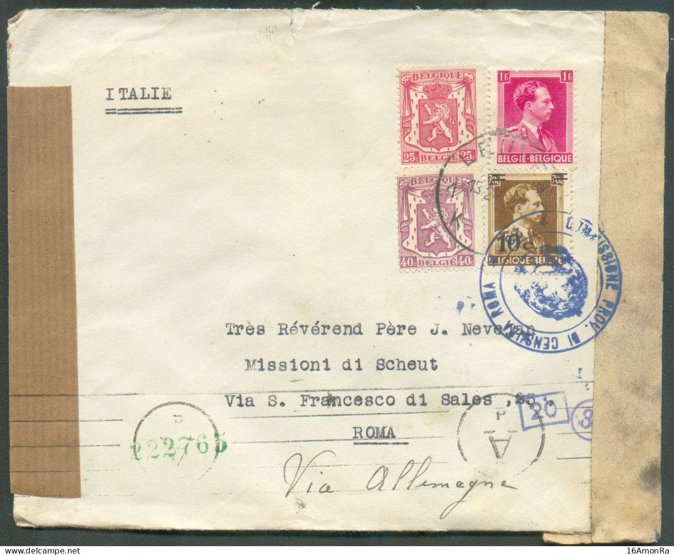 N°423-428-479-570 Obl; Sc LEUVEN Sur Lettre D'Héverlée Le 13-2-1942 Vers ROme + Bande Et Cachet De Censure Et Dc Bleu CE - Briefe U. Dokumente