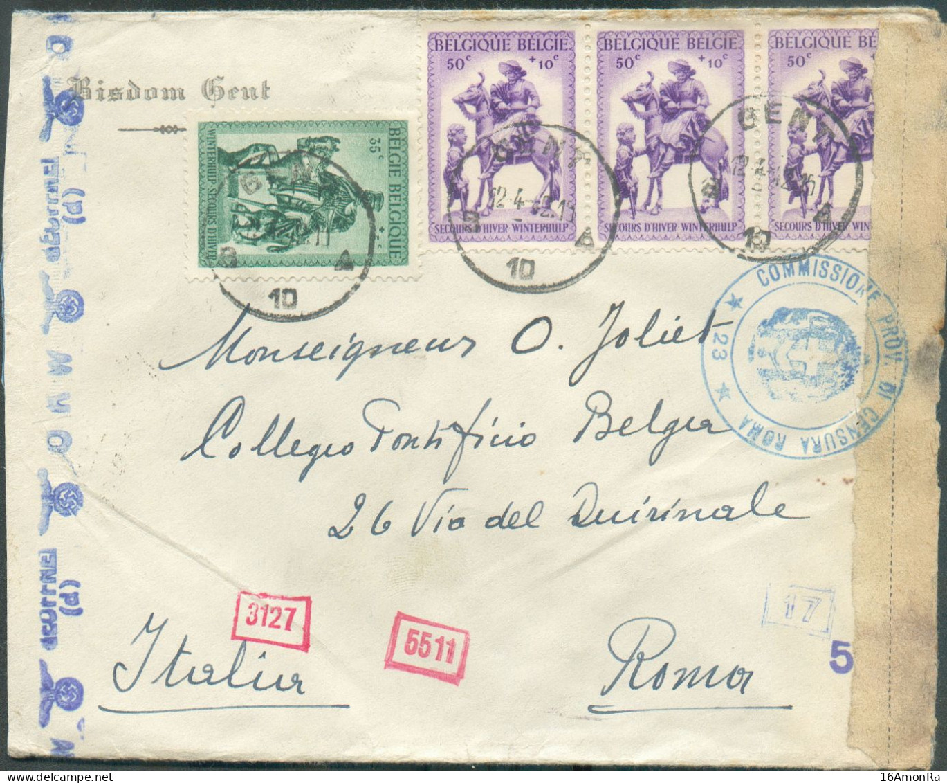 N°584-585(3) Obl. Sc GENT 10 Sur Lettre Censurée (bande Et Cachet Allemands) Du 12-4-1942 Vers Roma (Italie) + Dc Bleu C - Storia Postale