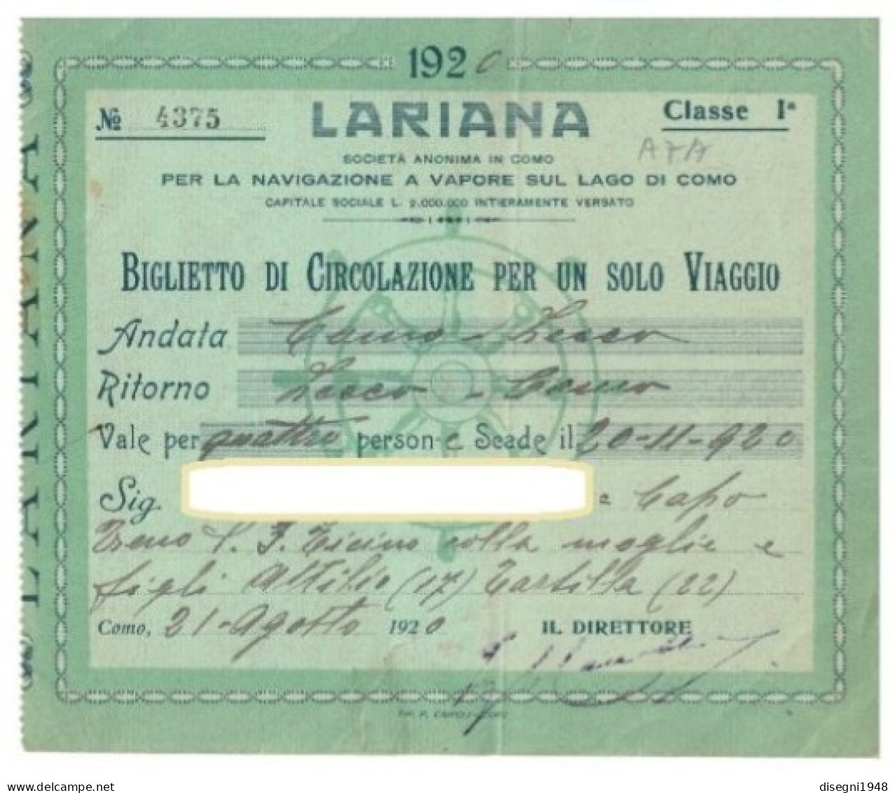 12242 "LARIANA - BIGL. DI VIAGGIO DI GRUPPO SU BATTELLO, TRATTA COMO - LECCO / A/R 1920 N° 4375" BIGL. DI TRASP. ORIG. - Europe