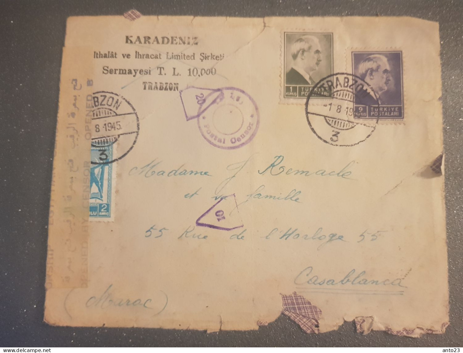 Turquie, Lettre Censure, Trabzon  (01.08.1945) Pour Maroc Casablanca ( Usé ) - Cartas & Documentos