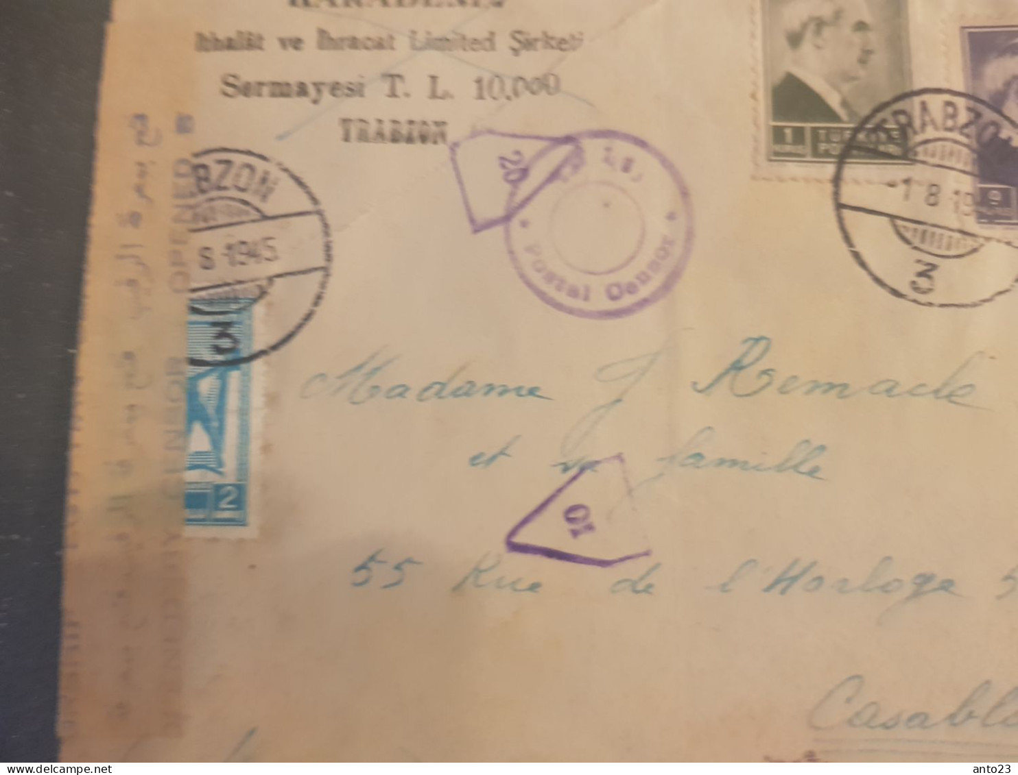 Turquie, Lettre Censure, Trabzon  (01.08.1945) Pour Maroc Casablanca ( Usé ) - Briefe U. Dokumente