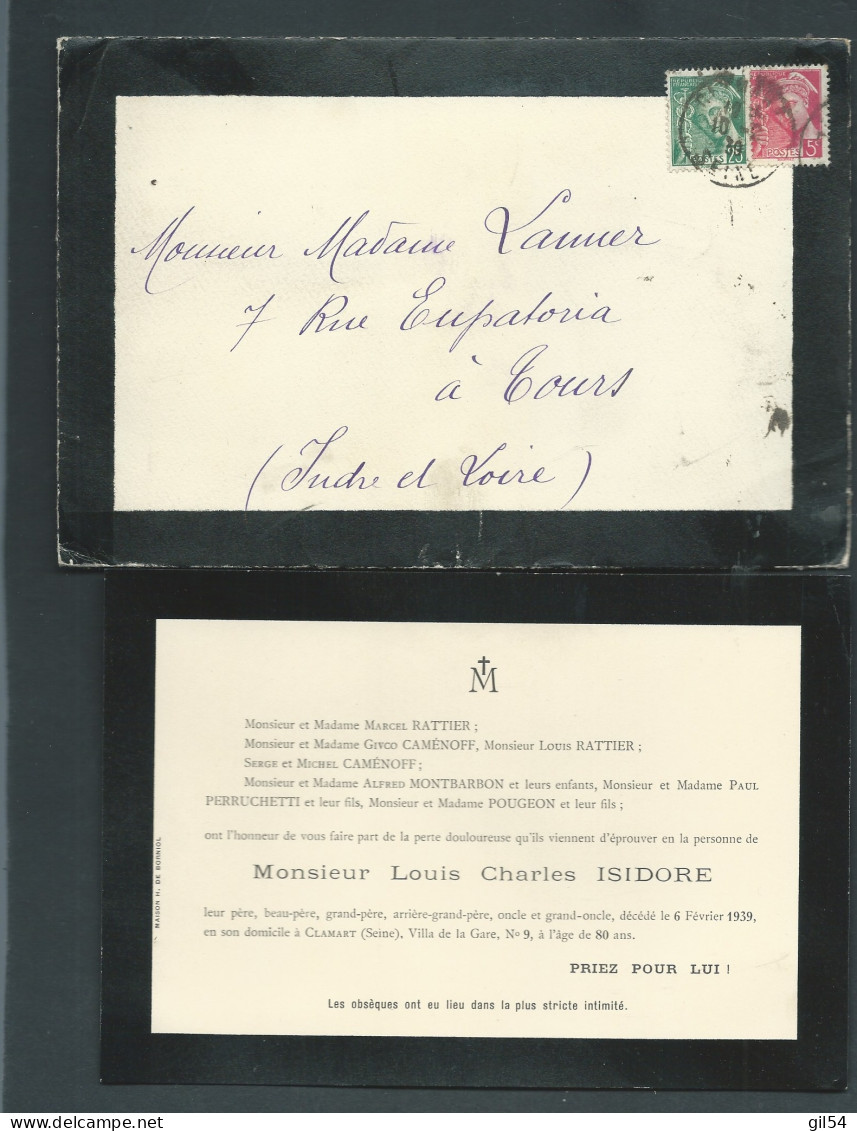 Avis De Décés De Louis Charles Isidore, Clamart , Affran. / Mercure Yvert 406 + 411 , 10/02/1939 - Malc 12808 - 1938-42 Mercure