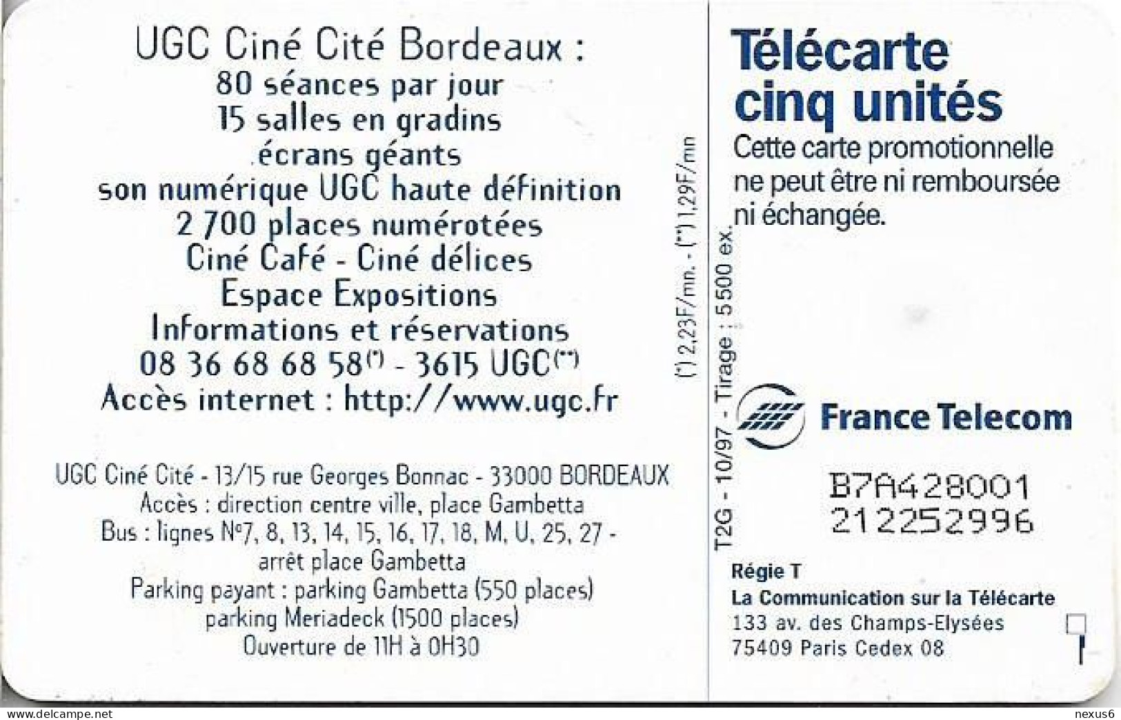 France - UGC Cinecite, Bordeaux - Gn415 - Gem2 Black, 10.1997, 5Units, 5.500ex, Used - 5 Eenheden