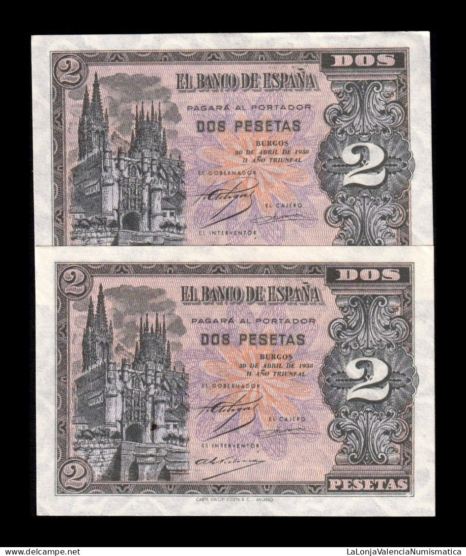 España Spain Pareja Correlativa 2 Pesetas Catedral De Burgos 1938 Pick 109 Serie D Sc Unc - 1-2 Peseten