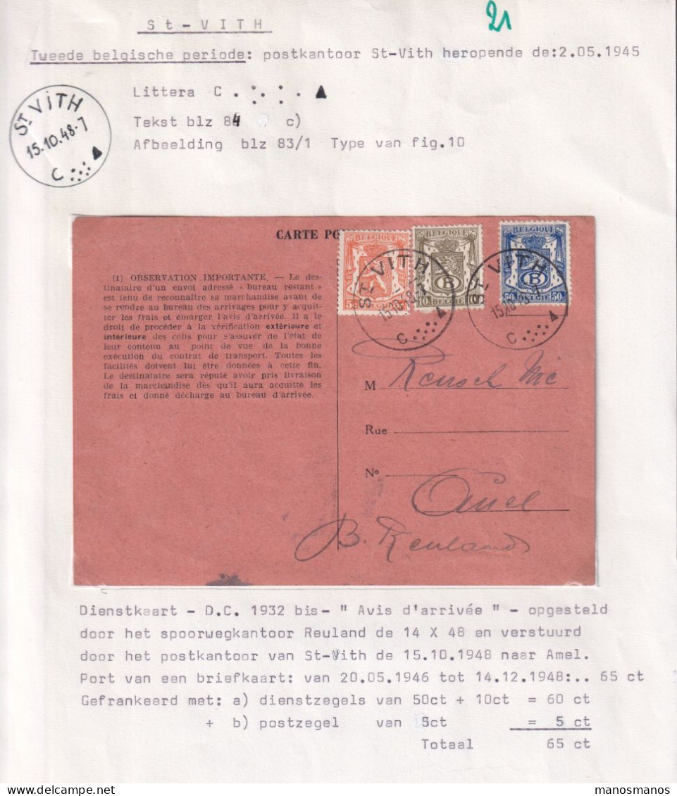 718/39 -- CANTONS DE L'EST - Aff. MIXTE S/Carte TP Service X 2 + Petit Sceau ST VITH 1948 à AMEL - Verso Gare De REULAND - Storia Postale