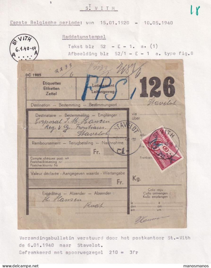 719/39 -- CANTONS DE L'EST - Formule De Colis Militaire - Timbre Surchargé M ST VITH 1940 Vers Gare STAVELOT 1 (Cercle) - Documenten & Fragmenten