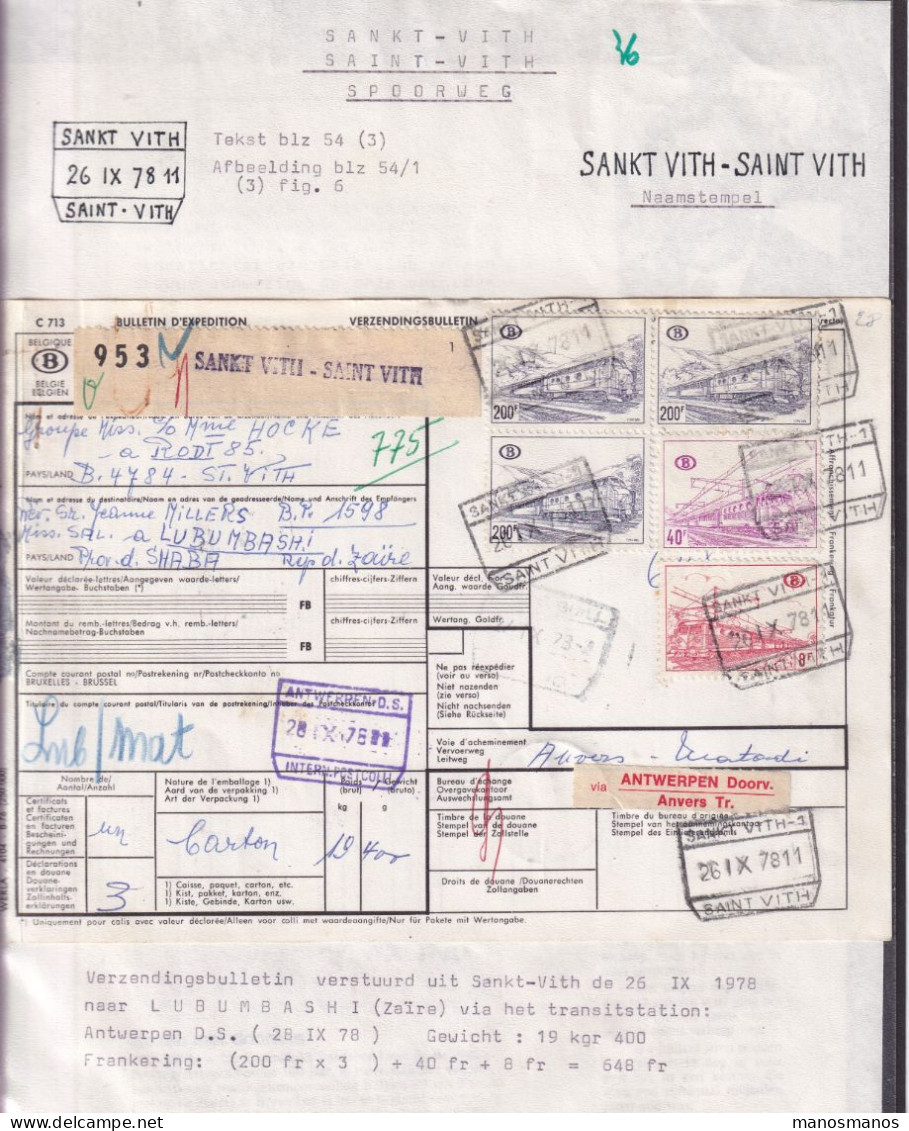 720/39 -- CANTONS DE L'EST - Formule De Colis Postal TB Affranchissement Griffe SANKT VITH - SAINT VITH 1978 Vers ZAIRE - Documents & Fragments