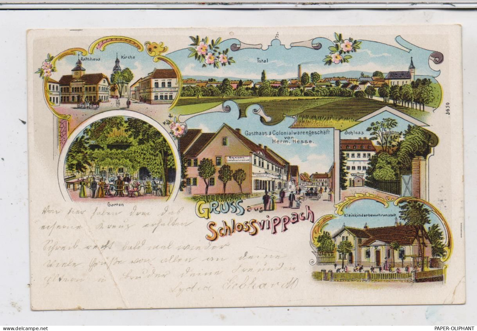 0-5101 SCHLOSSVIPPACH, Lithographie, Gasthaus & Colonialwaren Hesse, Kleinkinderbewahranstalt, Schloß..Druckstelle - Soemmerda