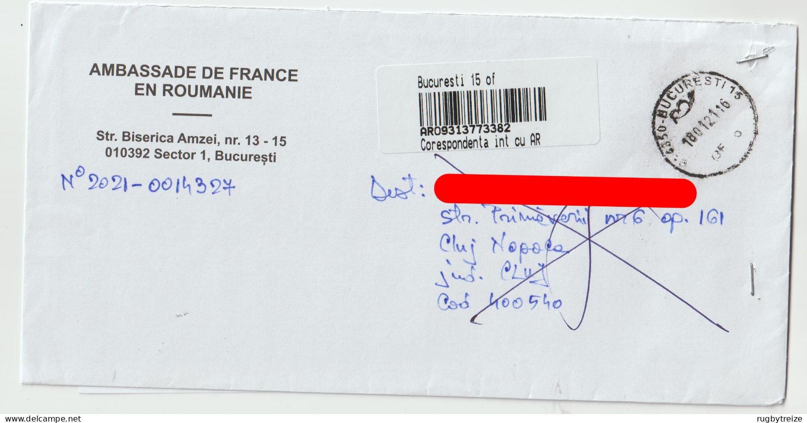 6876 Lettre Cover ROUMANIE ROMANIA 2021 Recommandé Registered Code Barre Cod RTS NPAI Return To Sender - Marcophilie