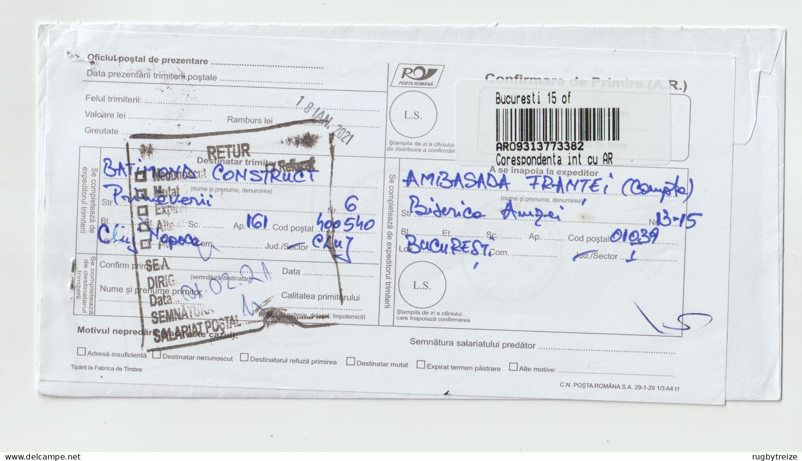 6876 Lettre Cover ROUMANIE ROMANIA 2021 Recommandé Registered Code Barre Cod RTS NPAI Return To Sender - Marcofilia