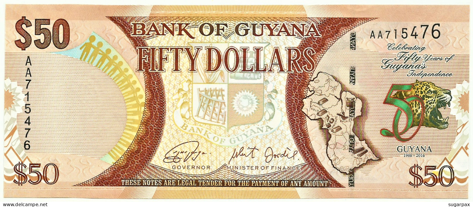 Guyana - 50 Dollars - 2016 - Pick: 41 - Unc. - Commemorative 50th Anniversary Of Independence - Serie AA - Guyana