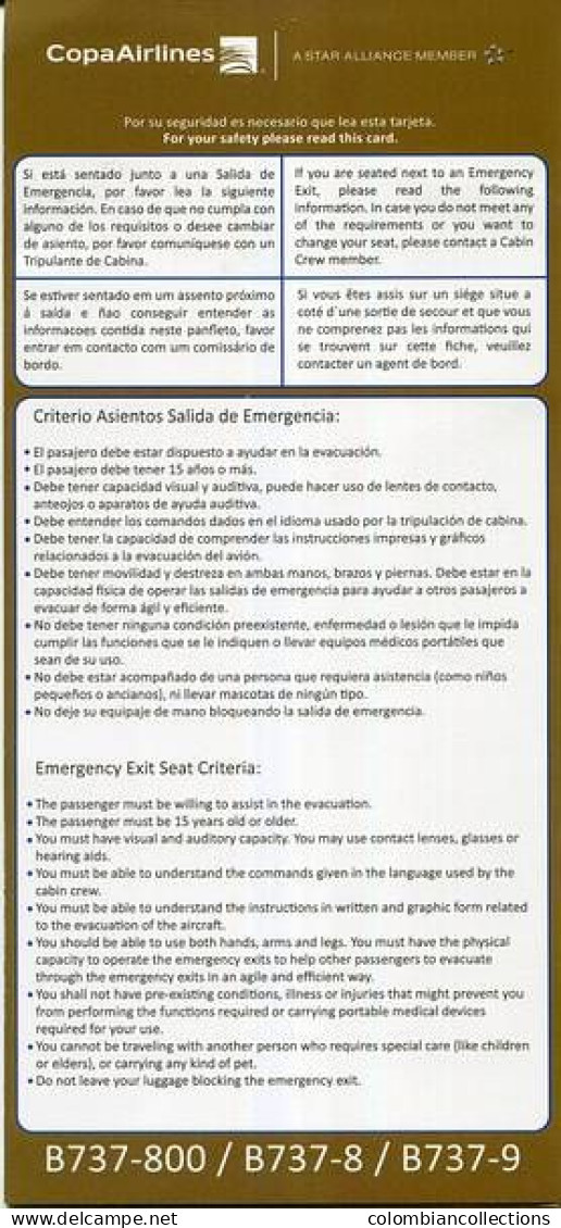 Lote TSA52, Panama, Copa Airlines, B737-800 Revision ISAB-03, Tarjeta De Seguridad, Safety Card - Consignes De Sécurité