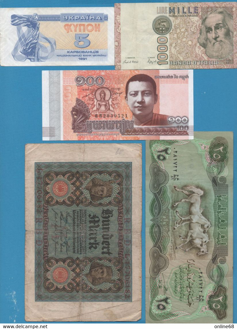 LOT BILLETS 5 BANKNOTES:  CAMBODIA - UKRAINA - IRAQ - ITALIA - DEUTSCHES REICH - Lots & Kiloware - Banknotes