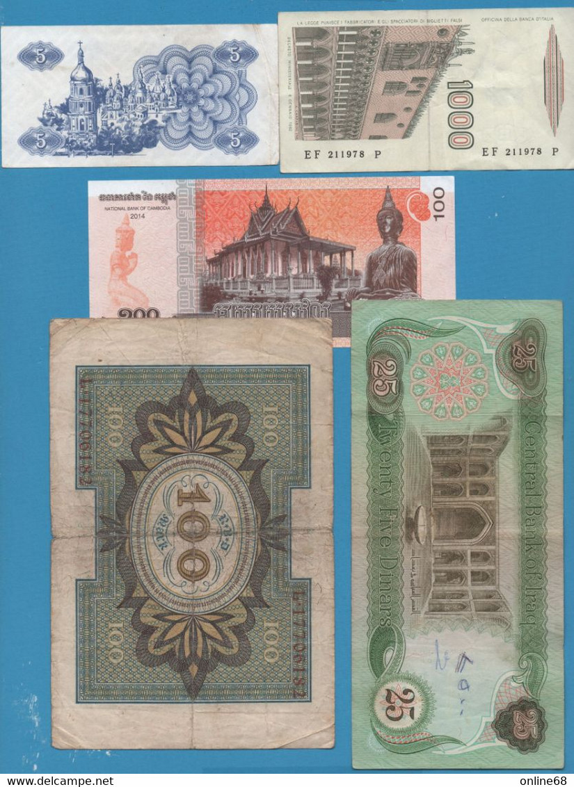 LOT BILLETS 5 BANKNOTES:  CAMBODIA - UKRAINA - IRAQ - ITALIA - DEUTSCHES REICH - Kilowaar - Bankbiljetten