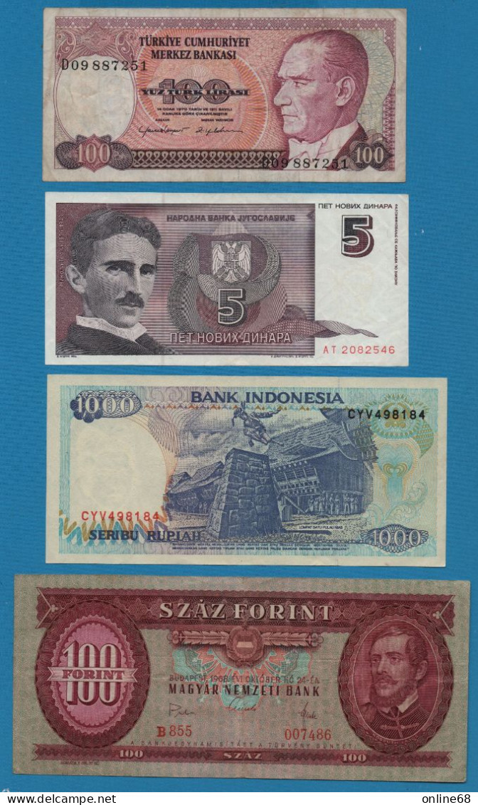 LOT BILLETS 4 BANKNOTES HUNGARY - INDONESIA - TURKEY - YUGOSLAVIA - Vrac - Billets