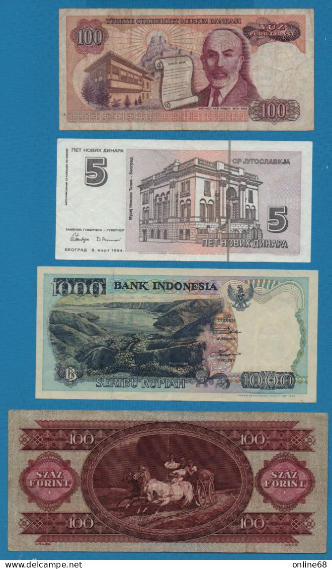 LOT BILLETS 4 BANKNOTES HUNGARY - INDONESIA - TURKEY - YUGOSLAVIA - Vrac - Billets