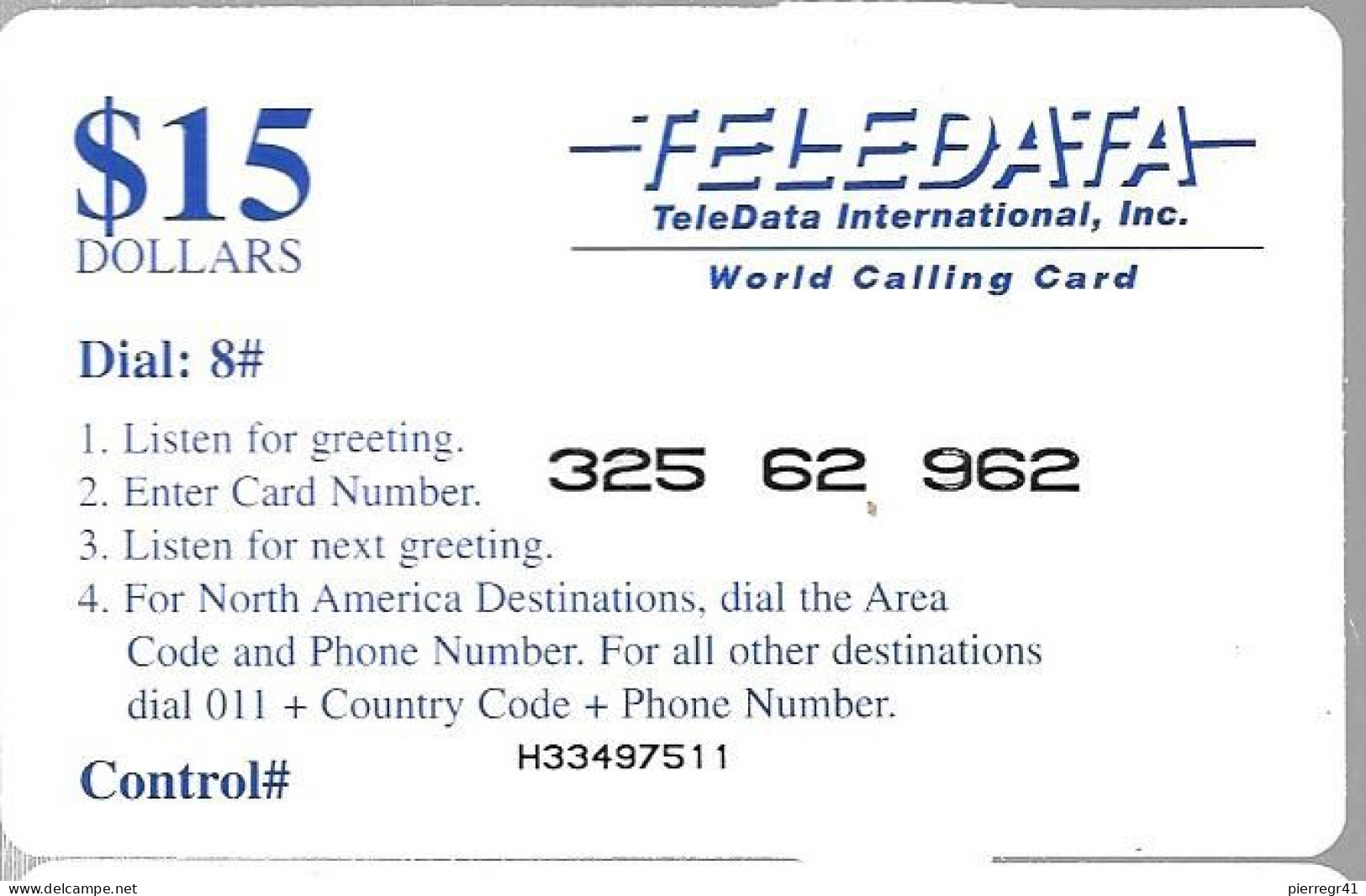 CARTE-PREPAYEE-USA-TELEDATA-15$-MILITAIRE-Plastic Fin-Code 3/2/3 N°-TBE - Military Phonecards