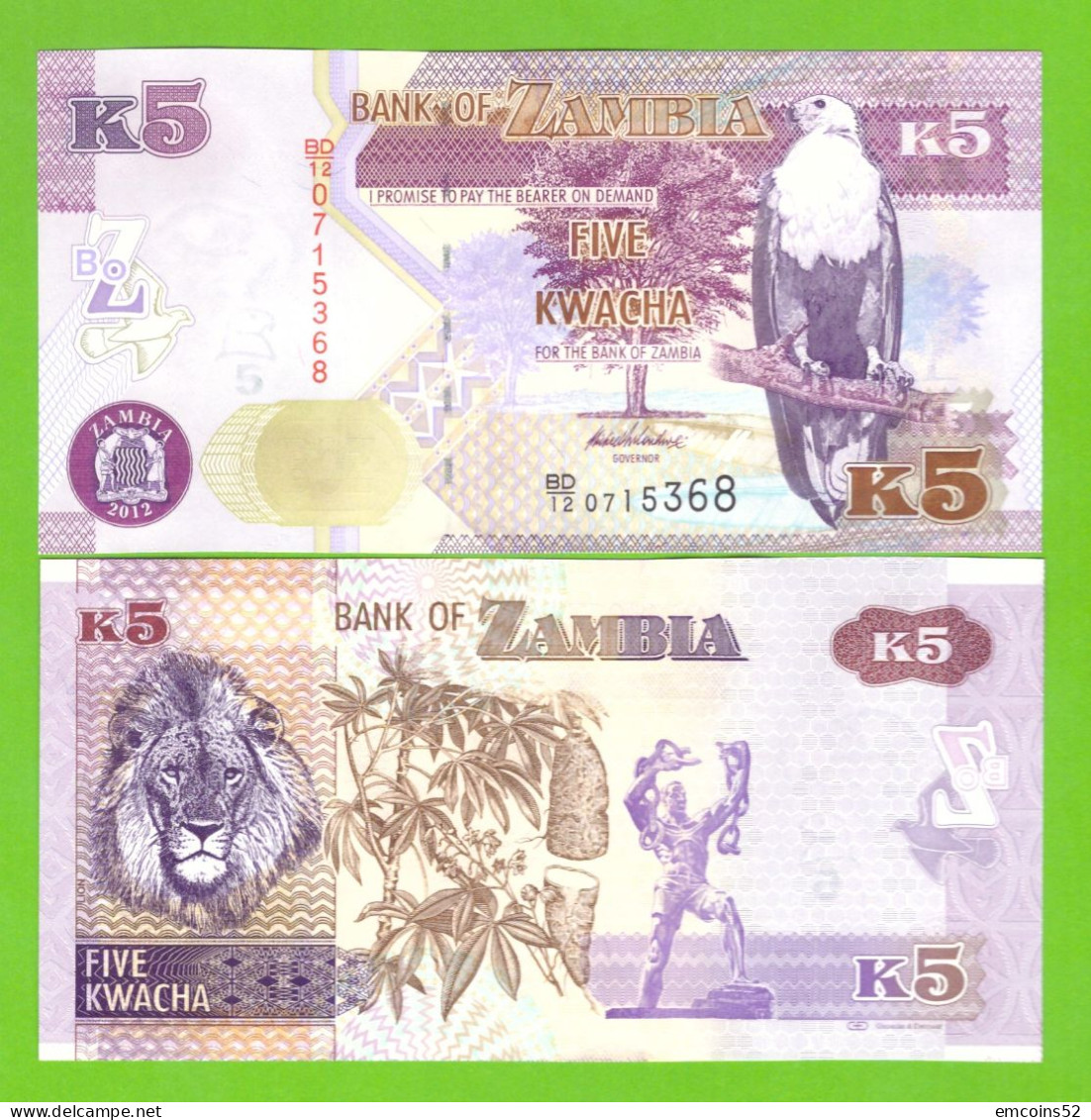 ZAMBIA 5 KWACHA 2012 P-50a UNC - Zambie