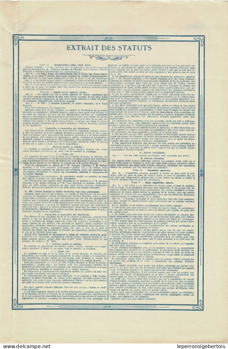 - Titre De 1922 - Filatures Réunies De L'Escaut - Anciennement Filature Feyerick Et Filature Boucher- Feyerick - - Tessili