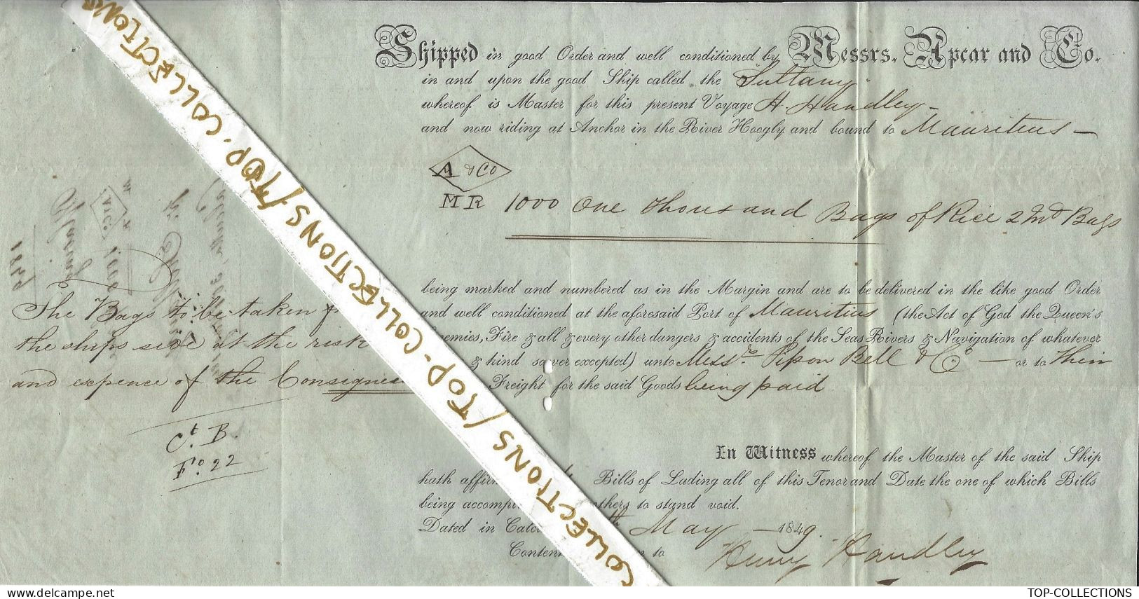 1849 BILL OF LADING CONNAISSEMENT  River Hoogly Calcutta INDE Pour Mauritius Ile Maurice Cargaison Riz Rice V.HIST. - 1800 – 1899