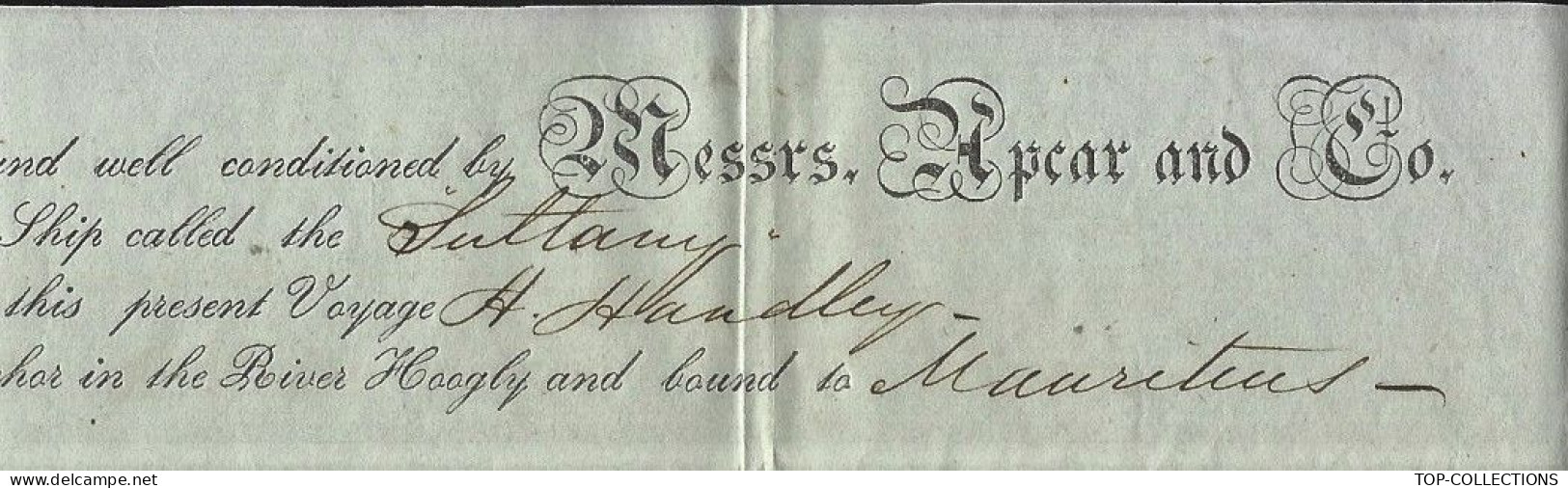 1849 BILL OF LADING CONNAISSEMENT  River Hoogly Calcutta INDE Pour Mauritius Ile Maurice Cargaison Riz Rice V.HIST. - 1800 – 1899