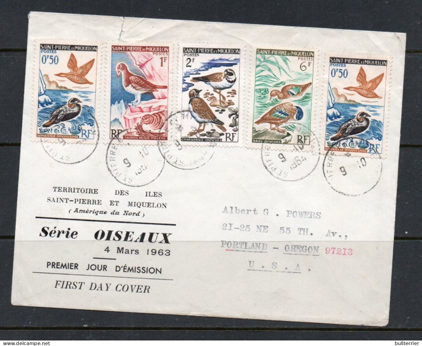 ST PIERRE ET MIQUELON - 1964 - BIRDS SET OF 5 ON LOCAL FDC TO PORTLAND OREGON,  - Briefe U. Dokumente