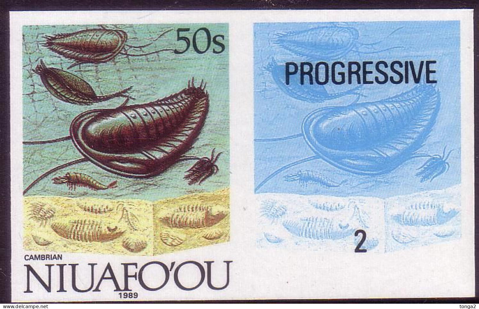 Tonga Niuafo'ou 1989 Fossils And Cambrian Life Forms - Imperf Plate Proof Pair From Evolution Of Earth Set - Fossiles