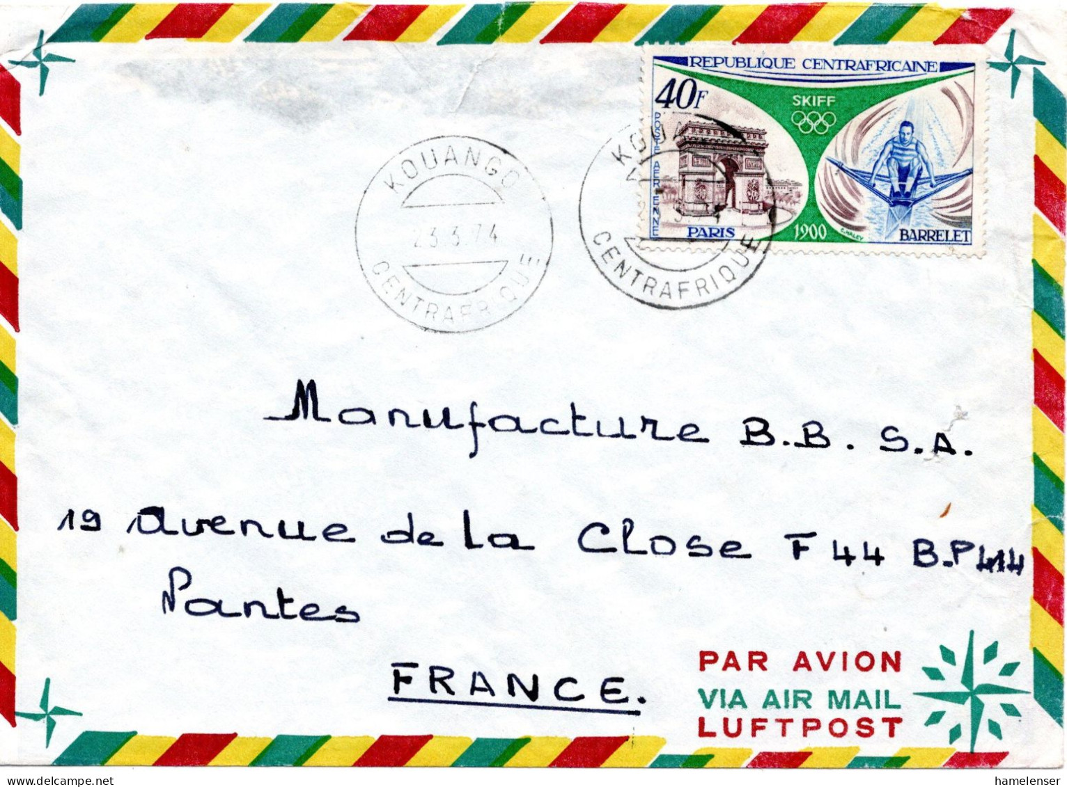 68220 - Zentralafrika - 1974 - 40F Olympiade 1900 EF A LpBf KOUANGO -> Frankreich - Storia Postale