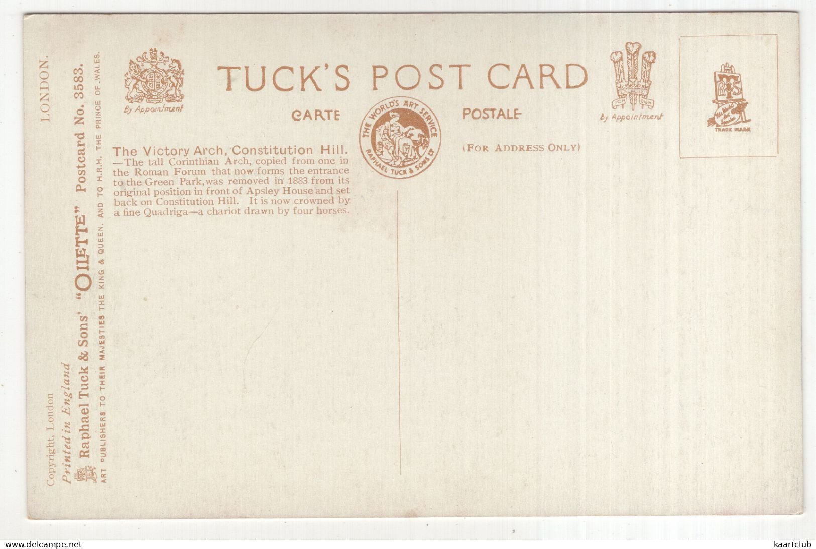 The Wellington Arch. Hyde Park Corner. - (London, England, U.K.) - Tuck's Postcard - Hyde Park