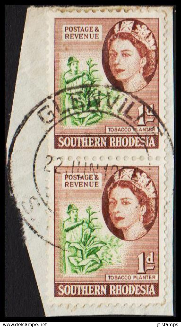 1953. SOUTHERN RHODESIA. Elizabeth TOBACCO PLANTER Pair 1 D Cancelled GLENVILLE. On Small Piec... (Michel 81) - JF535023 - Southern Rhodesia (...-1964)