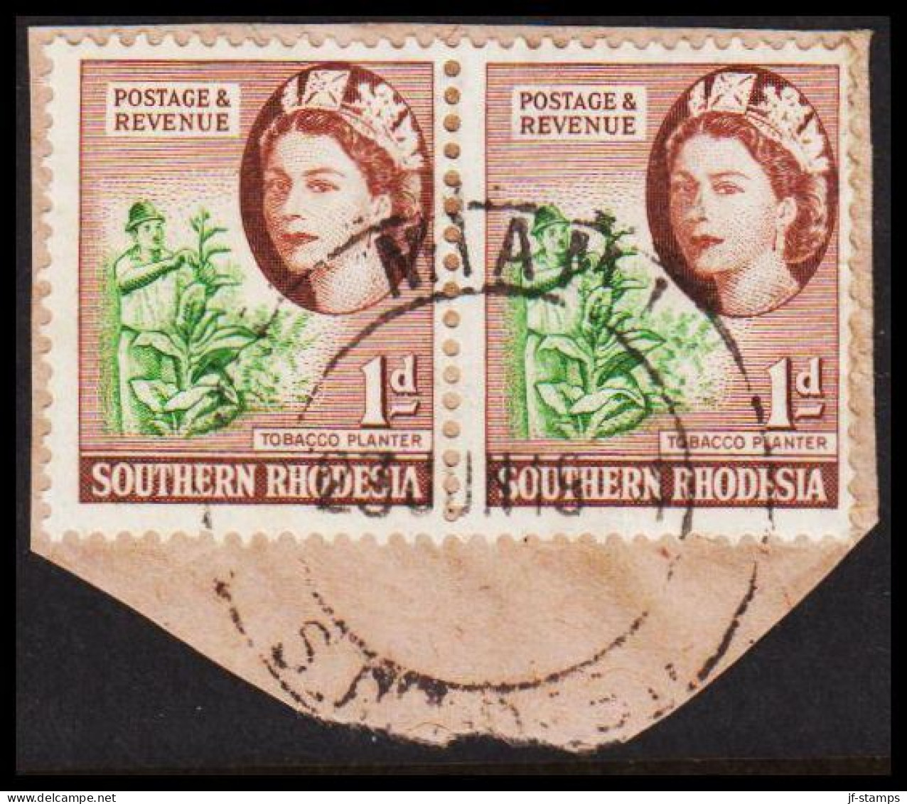 1953. SOUTHERN RHODESIA. Elizabeth TOBACCO PLANTER Pair 1 D Cancelled MIAMI. On Small Piece. (Michel 81) - JF535048 - Southern Rhodesia (...-1964)