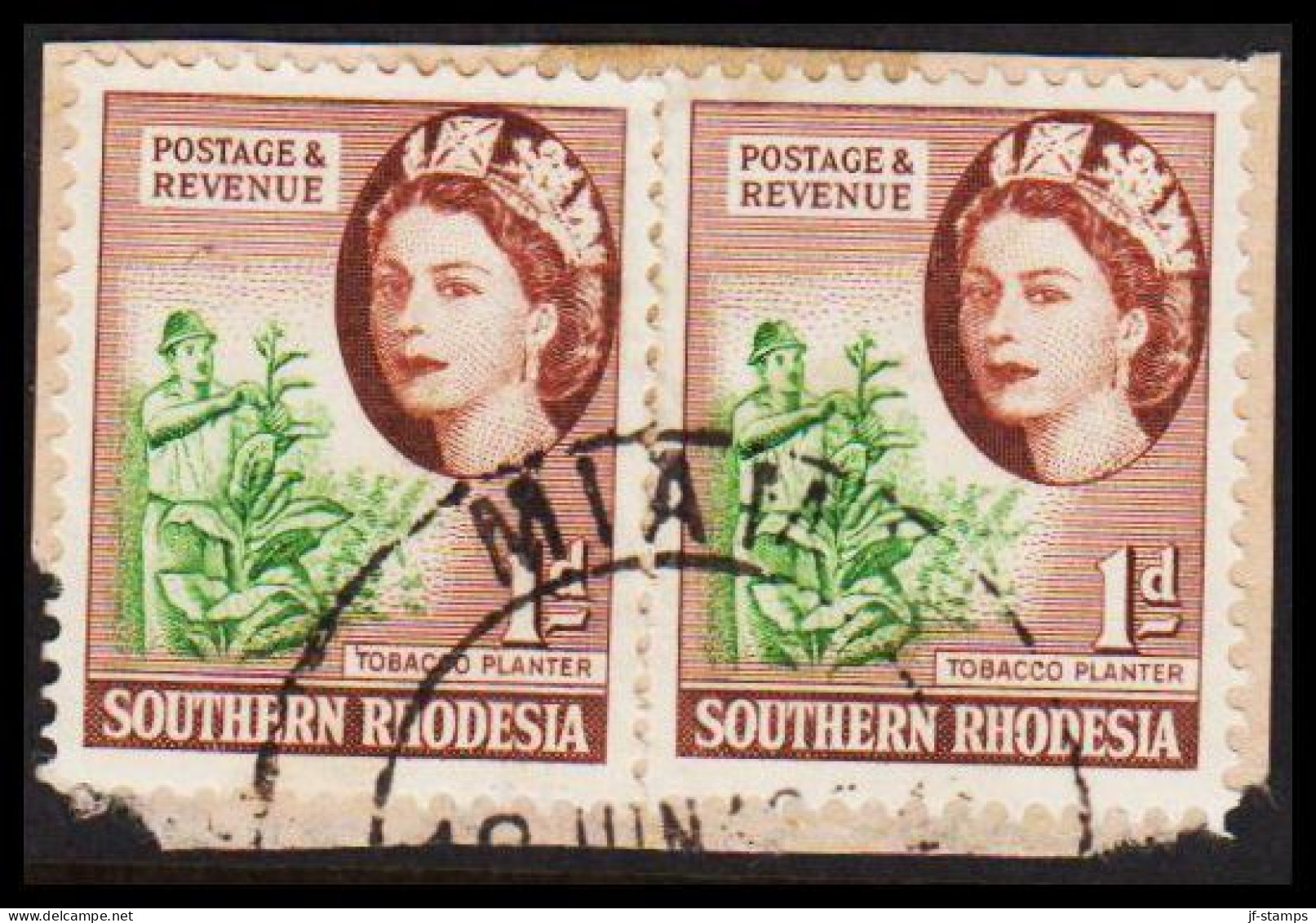 1953. SOUTHERN RHODESIA. Elizabeth TOBACCO PLANTER Pair 1 D Cancelled MIAMI. On Small Piece. (Michel 81) - JF535049 - Southern Rhodesia (...-1964)