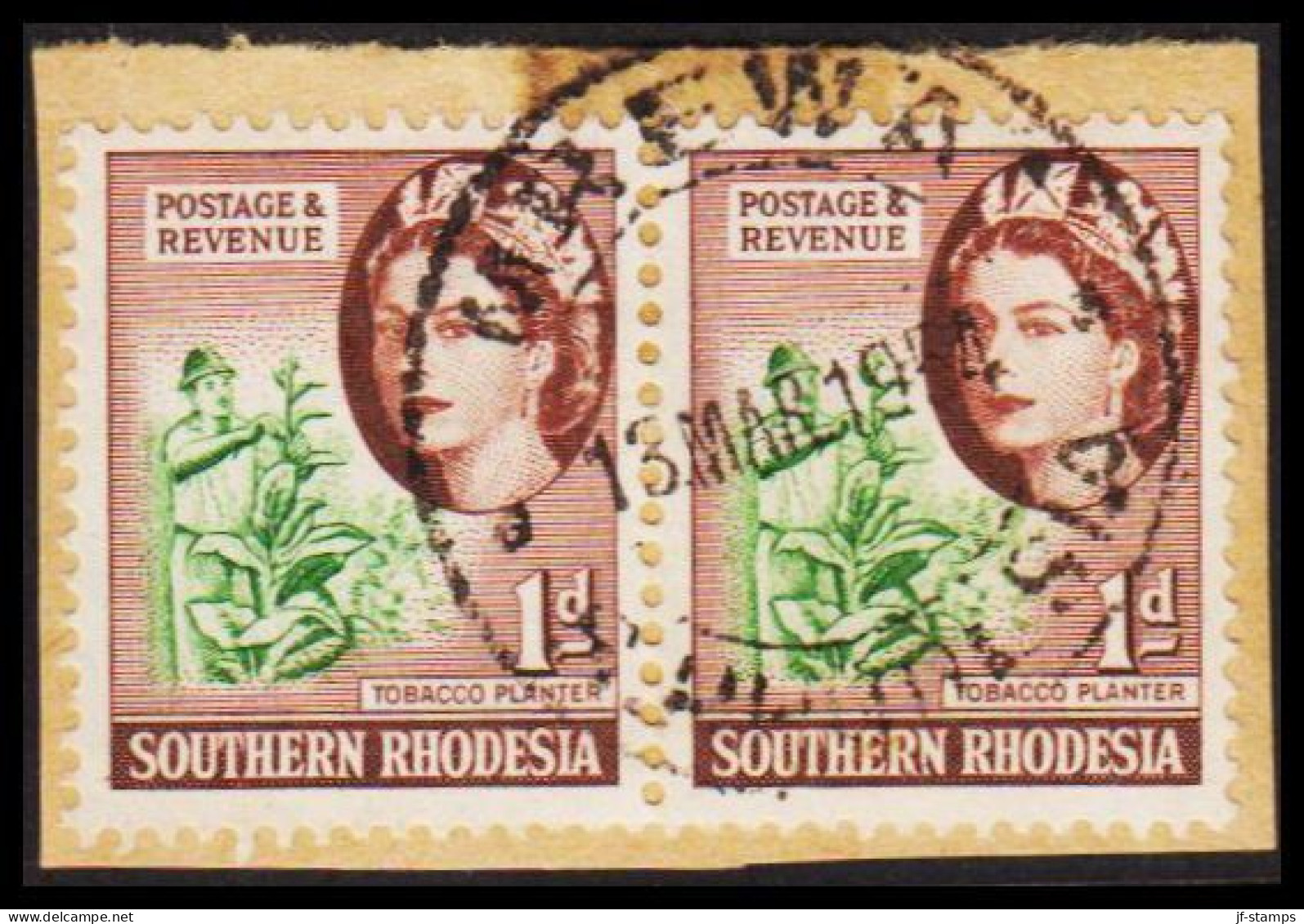 1953. SOUTHERN RHODESIA. Elizabeth TOBACCO PLANTER Pair 1 D Cancelled MREWA. On Small Piece. (Michel 81) - JF535050 - Southern Rhodesia (...-1964)