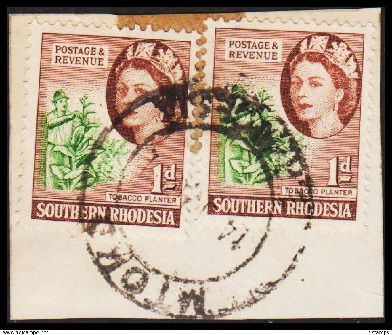 1953. SOUTHERN RHODESIA. Elizabeth TOBACCO PLANTER Pair 1 D Cancelled MTOKO. On Small Piece. (Michel 81) - JF535052 - Southern Rhodesia (...-1964)